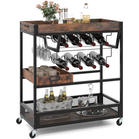 COSTWAY Kitchen Serving Cart 3-Tier Storage Trolley with Removable Tray-Brown