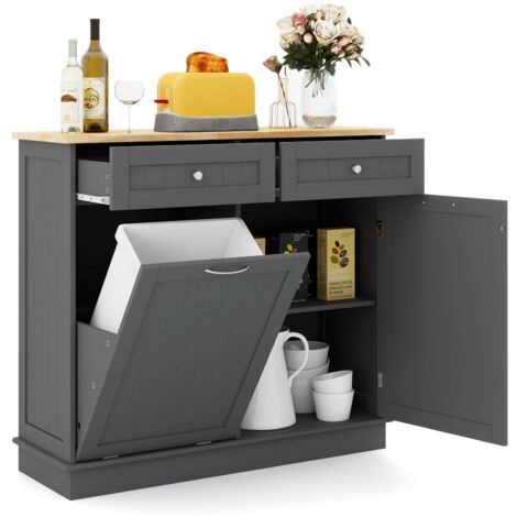 COSTWAY Kitchen Trash Cabinet Tilt Out Trash Bin Cabinet Freestanding Recycling Cabinet