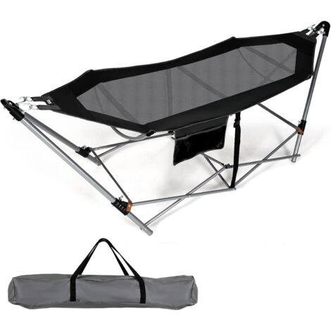 COSTWAY Klappbare Hängematte mit Gestell und Seitentasche, Hängemattengestell bis 150 kg, tragbar, inkl. Tragetasche, für Indoor & Outdoor Schwarz