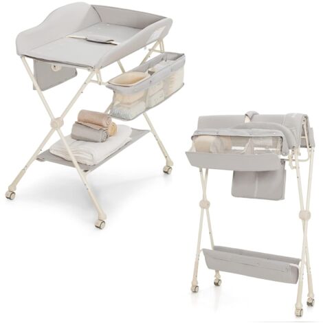 COSTWAY Klappbare Wickeltisch, hoehenverstellbarer Wickelstation mit Stauraum & abnehmbaren feststellbaren Radern & Sicherheitsgurt & Wasserbecken, mobile Wickelkommode für Baby (Grau)