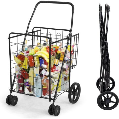 COSTWAY Klappbarer Einkaufstrolley, Einkaufswagen mit Universalraedern, Rollwagen mit 2 Koerben, Tragbarer Handwagen, Allzweckwagen für Waesche, Einkaufen, Gepaeck Schwarz