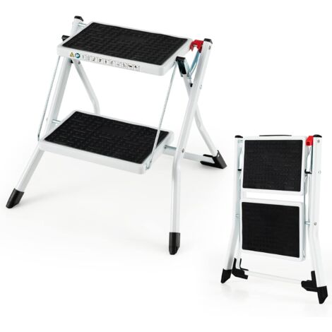 COSTWAY Klapptritt Klappbar mit 2 Stufen,  Anti-Rutsch-Pedal, Trittleiter, 20cm breit, bis 150 kg, Klappleiter mit Tragegriff &, Haushaltsleiter für Zuhause Büro Garage, Metall, Weiß