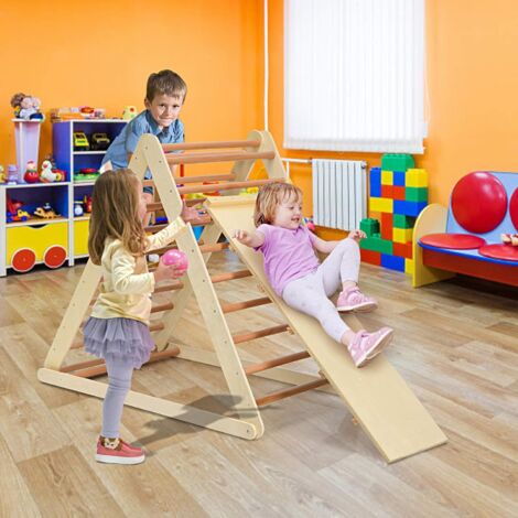COSTWAY Kletterdreieck klappbar, Klettergerüst mit Leiter aus Holz, Sprossendreieck zur Entwicklung grobmotorischer Faehigkeiten, für Kleinkinder ab 3 Jahren