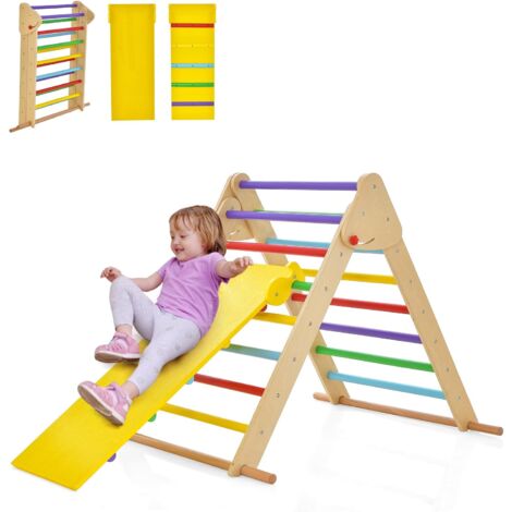 COSTWAY Kletterdreieck mit Rutsche, 3 in 1 Klettergerüst Indoor klappbar, Sprossendreieck Holz, zum Rutschen und Klettern, für Kinder ab 1 Jahr
