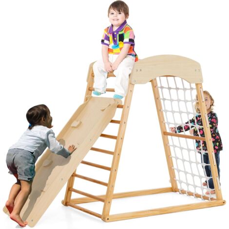 COSTWAY Klettergerüst Indoor, 6 in 1 Pull Up Bar & Rutsche & Kletterfelsen & Kletternetz & Leiter & Tunnel, Indoor Spielplatz ab 1 Jahr (Natur)