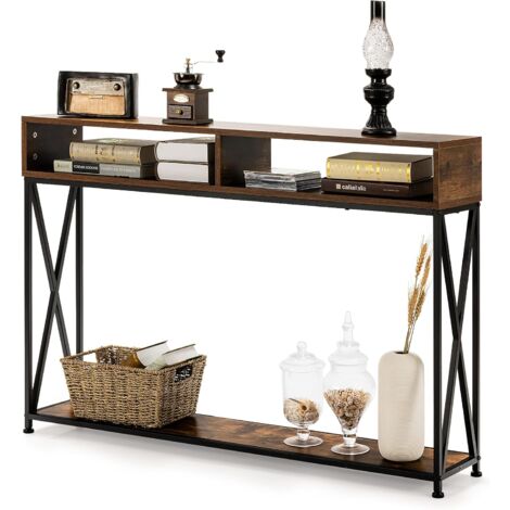 COSTWAY 2 Ebenen Konsolentisch mit offnen Faechern, Flurtisch aus Holz, Standregal, Beistelltisch für Eingang, Wohnzimmer und Schlafzimmer, 120 x 23 x 79 cm Schwarz
