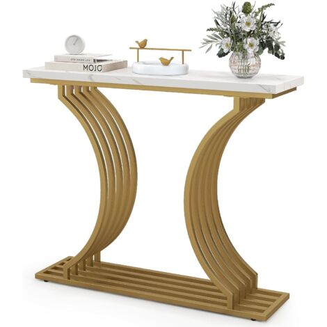 COSTWAY Konsolentisch Gold, Eingangstisch marmor optick mit weißer Tischplatte, schmaler Flurtisch Sofatisch mit Metallbeinen für Wohnzimmer, Eingang, Flur