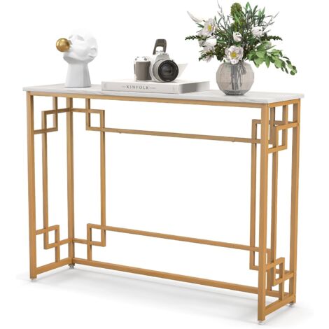 COSTWAY Konsolentisch Marmor Gold, Eingangstisch schmal, Flurtisch mit geometrischem Metallrahmen, Sofatisch, Beistelltisch 110 x 30 x 81 cm, für Wohnzimmer, Flur, Eingang