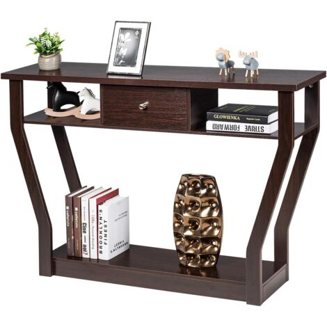 COSTWAY Konsolentisch mit Schublade und Regal, Flurtisch aus Holz, Beistelltisch fuer Eingang, Wohnzimmer Schlafzimmer braun