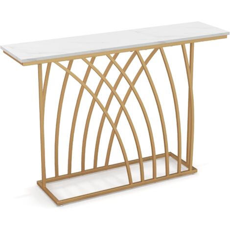 COSTWAY Konsolentisch schmal, Flurtisch Marmor Optik, Beistelltisch mit geometrischem Metallrahmen, Sofatisch modern 120 x 30 x 80 cm, für Wohnzimmer, Flur, Eingang