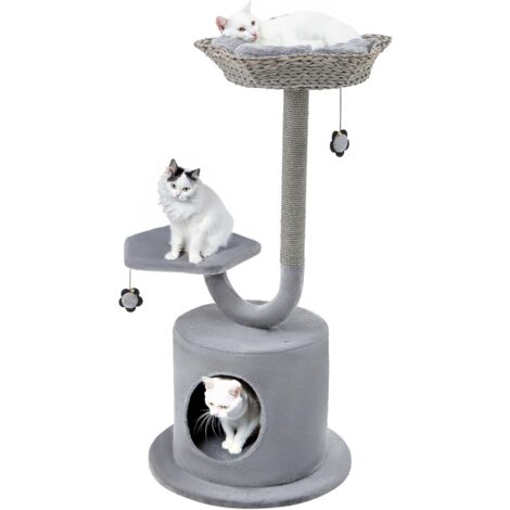 COSTWAY Kratzbaum, 106 cm Katzenbaum mit gebogenem Metallrahmen, Kratzsäule, Liegefläche & Höhle, Katzenkratzbaum, Kletterbaum, Katzenhaus, Katzenmöbel für große und kleine Katzen, Grau
