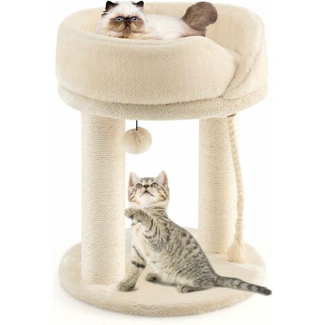 COSTWAY Kratzbaum Klein 4 in 1, Katzenbaum mit weicher Sitzflaeche & Basis & Fellknaeuel und Sisalseil, Katzenkratzbaum Holz, Katzen Katzenmoebel Kletterbaum, Aktivitaetsbaum Spielbaum Beige