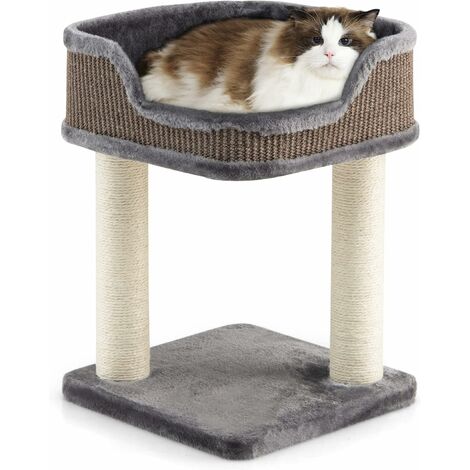 COSTWAY Kratzbaum Klein, Katzenbaum mit grossem Plüschsitz, Katzenkratzbaum Holz, Katzen Katzenmoebel Kletterbaum, Aktivitaetsbaum Spielbaum, Natursisalturm mit Kratzpfosten Grau