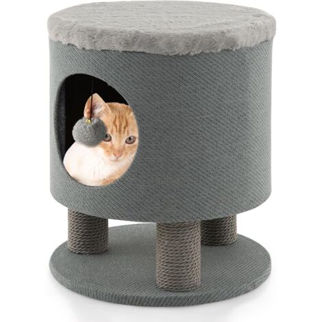 COSTWAY Kratzbaum klein, Katzenhöhle und Hocker, Katzenbaum mit weicher Sitzfläche & 3 Sisal-Kratzsäulen & Ball, Katzenhaus Kletterbaum, Katzenkratzbaum Katzen Katzenmöbel, 40 x 40 x 47 cm Grau