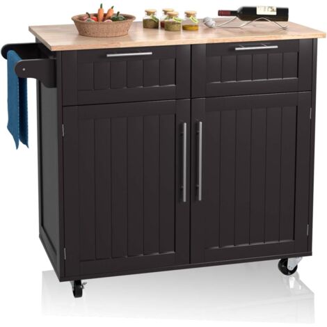COSTWAY Kücheninsel mit Arbeitsplatte und Handtuchhalter, Küchenwagen mit 2 Schubladen und Türen, Servierwagen mit Rollen aus Holz, 94 x 45,5 x 94,5 cm