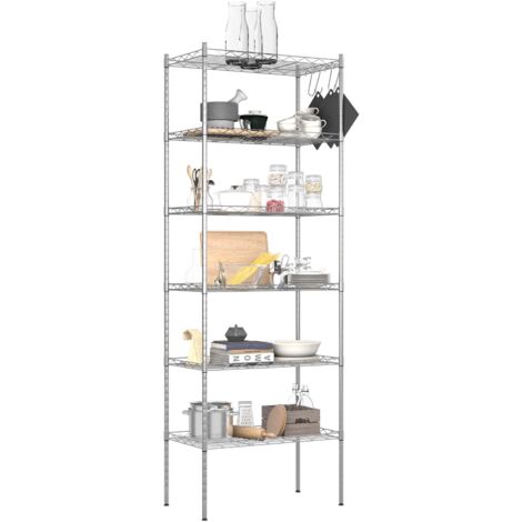 COSTWAY Kuechenregal Metall, Mikrowellenregal freistehend, Lagerregal mit hoehenverstellbaren Regalboeden, Drahtregal mit 4 Haken, Standregal Haushaltsregal Universalregal fuer Kueche, Bad, Schlafzimmer Silber, 6 Regalboeden