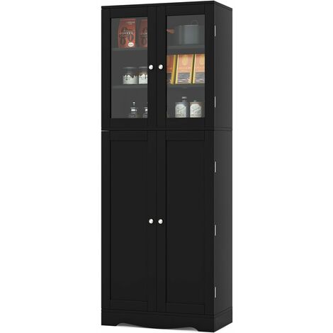 COSTWAY Küchenschrank Holz, Hochschrank mit Glastüren, Küchenbuffet freistehend, Mehrzweckschrank mit Kippschutz, Aufbewahrungsschrank für Küche Esszimmer Wohnzimmer, 60x31,5x161,5 cm (Schwarz)