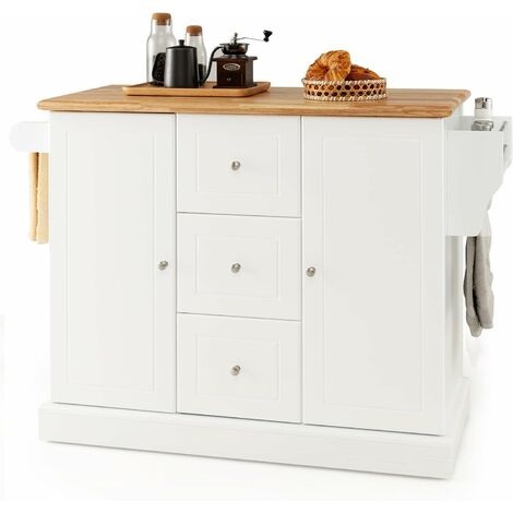 COSTWAY Küchenschrank Holz, Kücheninsel mit 5 versteckten Rollen, Küchenwagen mit Arbeitsplatte & Handtuchhalter & 3 Schubladen, 5-stufig verstellbaren Böden, Servierwagen Sideboard Rollbar (Weiß)