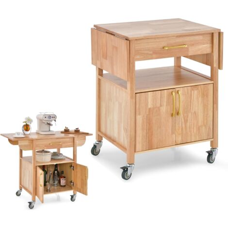 COSTWAY Küchenwagen auf Rollen, Servierwagen mit klappbarer Arbeitsplatte, Rollwagen mit Schublade & Schrank & offenem Fach, Kücheninselwagen Küchenschrank Holz, für Küche Esszimmer Bar, Natur