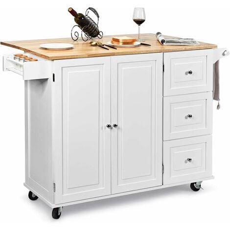 COSTWAY Küchenwagen rollbar, Kücheninsel mit Handtuchhalter, aus Holz, Servierwagen, Mikrowellenwagen 135x76x91cm Weiss