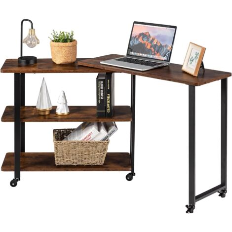 COSTWAY L-förmiger Beistelltisch mit Rollen, 360° drehbar, Sofatisch mit 2 Ablagen, PC-Tisch, für Zuhause, , Industrie-Design