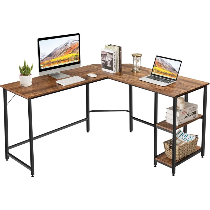 Costway - L-foermiger Schreibtisch, Homeoffice-Schreibtisch mit 2 Ablageflaechen, Computertisch mit Metallgestell & Fussstütze, Eckschreibtisch für