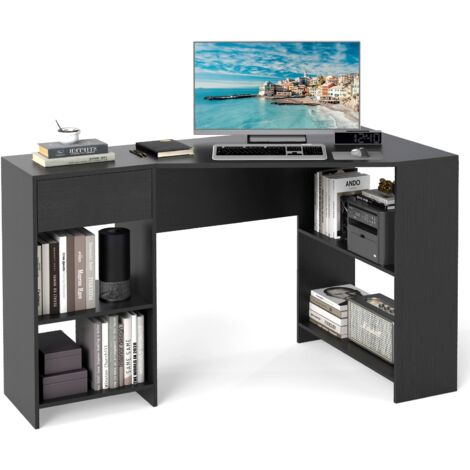 COSTWAY L-Shaped Computer Desk Compact Corner Executive Desk w/Storage-Black