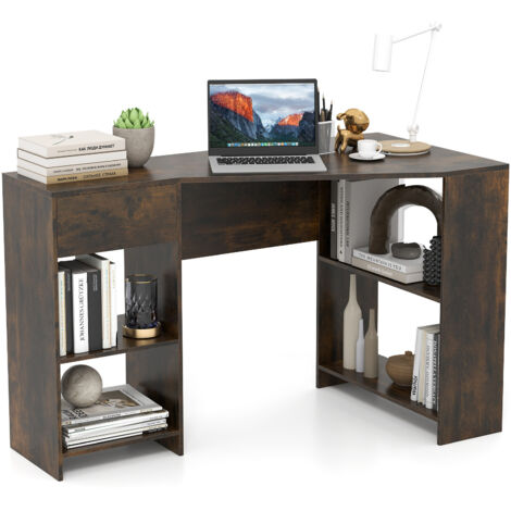 COSTWAY L-Shaped Computer Desk Compact Corner Executive Desk w/Storage-Brown