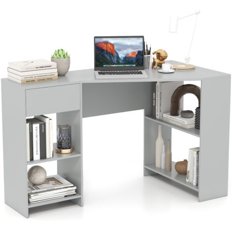 COSTWAY L-Shaped Computer Desk Compact Corner Executive Desk w/Storage-Grey