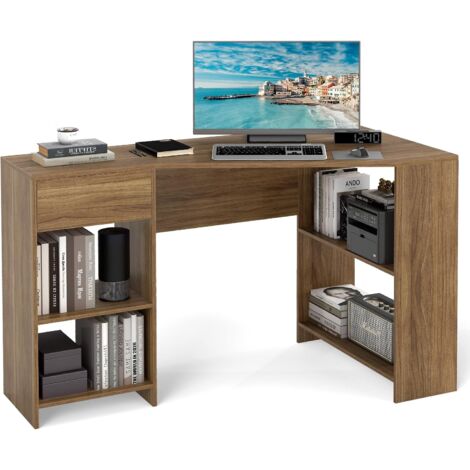 COSTWAY L-Shaped Computer Desk Compact Corner Executive Desk w/Storage-Natural