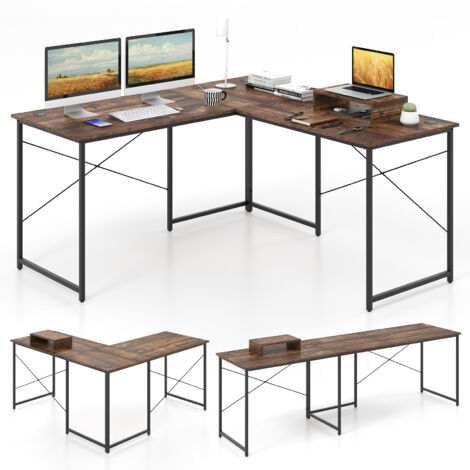 COSTWAY L-Shaped Computer Desk Reversible Corner Study Writing Desk-Brown