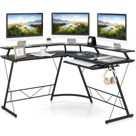 COSTWAY L-shaped Computer Desk with Power Outlet and Monitor Stand Black