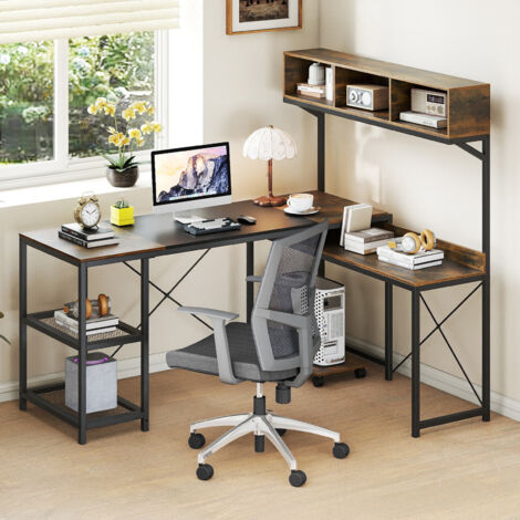 COSTWAY L-Shaped Computer Desk with Storage Hutch and Compartments Brown