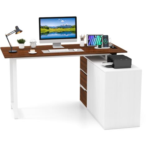 COSTWAY L-Shaped Desk 138 cm Reversible Corner Computer Desk-Brown