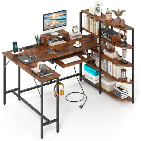COSTWAY L Shaped Desk Corner Computer Desk with Storage Shelves-Brown