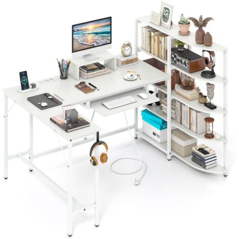 COSTWAY L Shaped Desk Corner Computer Desk with Storage Shelves-White
