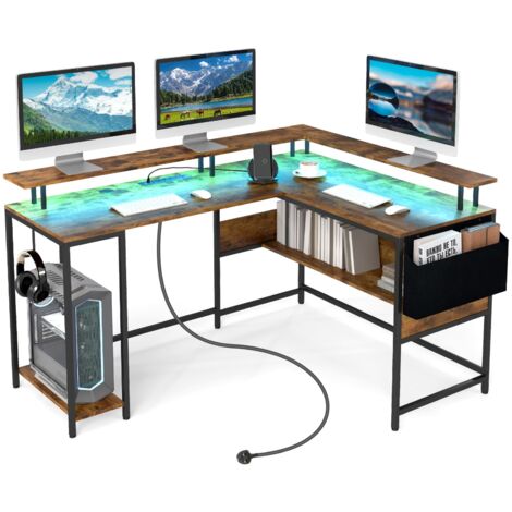 COSTWAY L-Shaped Gaming Desk Computer Desk w/LED Lights & Power Outlets-Brown