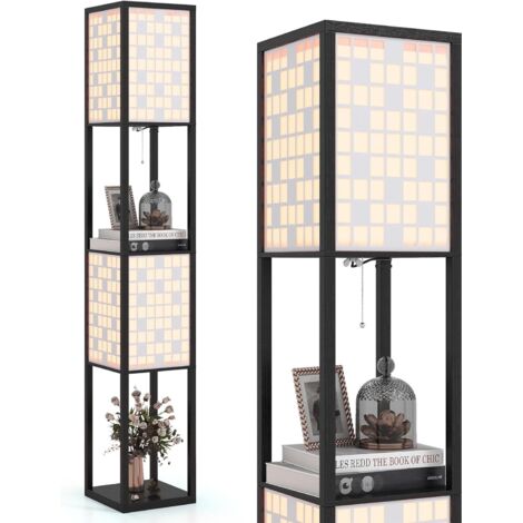 COSTWAY Lampada da Terra a 2 Luci con Mensole, Lampada a Stelo con 2 Paralumi Traforati, Catena a Strappo e Interruttore a Pedale, Richiede Lampadine E27, per Salotto e Camera da Letto (Quadrati)