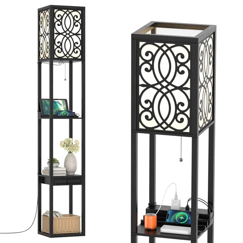 Lampadaire avec 3 Étagères et Tiroir, Lampe Étagère avec 1 Prise de Courant et 2 Ports usb, pour Salon et Chambre, 26L x 26l x 160H cm, Noir - Costway