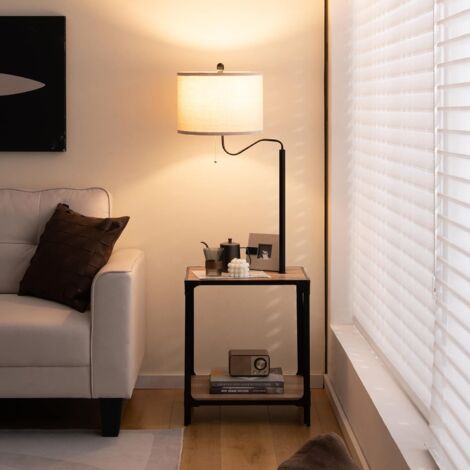 Costway – Lampadaire sur pied salon 144 cm avec table d'appoint – 2 ports USB – Bras rotatif 360° – 2 étagères ouvertes – Acier, MDF, lin