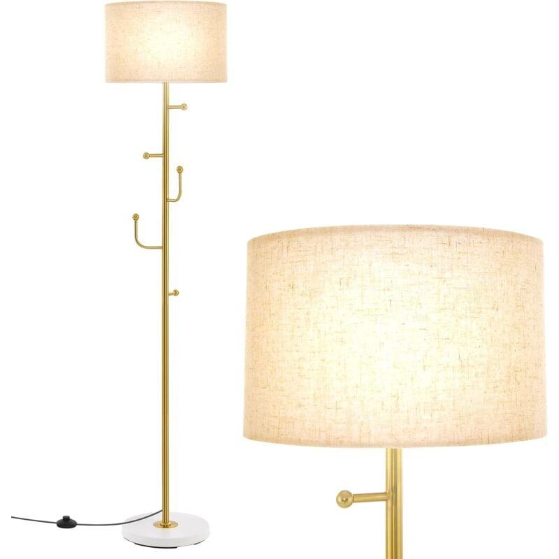 Lampadaire sur Pied Salon 166,5cm avec Interrupteur au Pied, Lampe avec Porte-Manteau, 5 Crochets pour Vêtements, Lampe sur Pied avec Base Lestée et