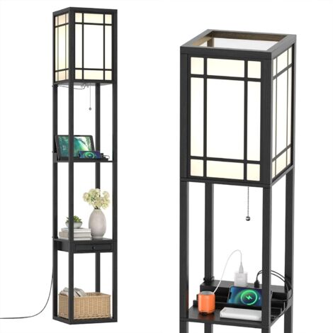 COSTWAY Lámpara de Pie con Repisas y Cajón/Lámpara Moderna con 2 Puertos USB, para Salón y Dormitorio (rejillas)