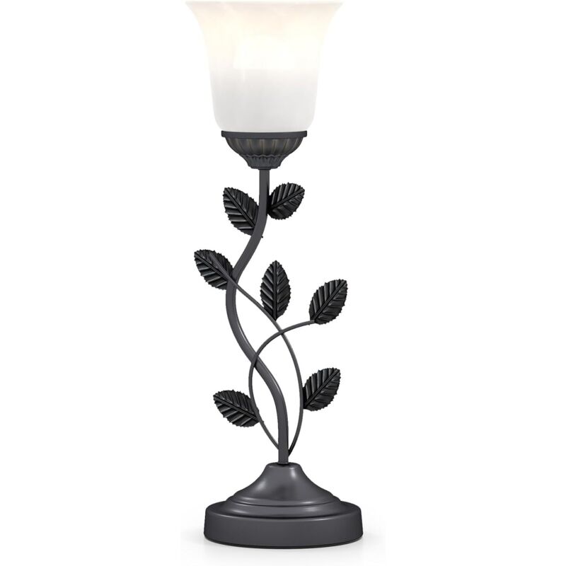 COSTWAY Lampe de Chevet, Lampe de Table avec Interrupteur, Abat-jour en Verre Tulipe, Feuilles en Métal, Ampoule E27 Non Incluse, Base Antidérapante,