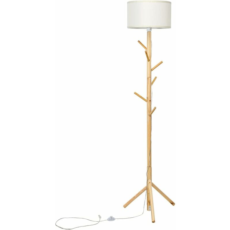 Lampe sur Pied 185CM 2 en 1 Porte Manteau en Bois avec 6 Crochets Interrupteur à Pied Lampe E27 en Tissu pour Salon Chambre - Costway