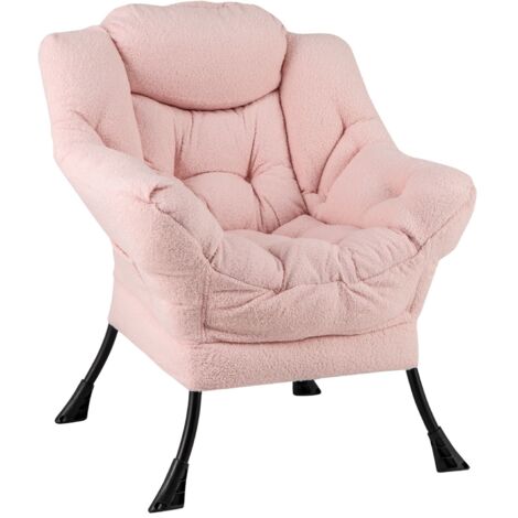 COSTWAY Large Lazy Chair Sherpa Upholstered Accent Chair with Head Pillow-Pink
