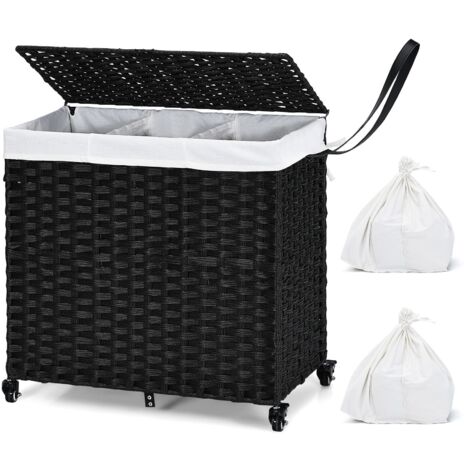 COSTWAY Laundry Hamper 125L 3-Section Laundry Basket w/Lid & Wheels-Black