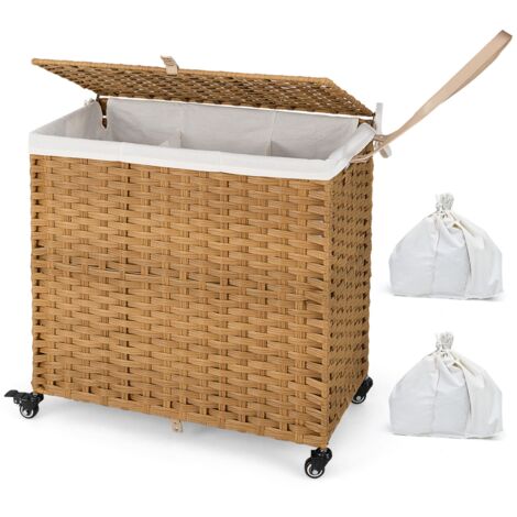 COSTWAY Laundry Hamper 125L 3-Section Laundry Basket w/Lid & Wheels-Natural