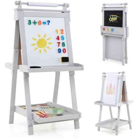 COSTWAY Lavagna per Bambini 3 in 1, Lavagna Magnetica con Lavagna Bifacciale, Rotolo di Carta, Vassoi Portaoggetti e 3 Bicchieri per Pittura, Cavalletto in Legno per Bambini 3+ Anni (Grigio)