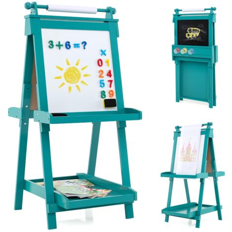COSTWAY Lavagna per Bambini 3 in 1, Lavagna Magnetica con Lavagna Bifacciale, Rotolo di Carta, Vassoi Portaoggetti e 3 Bicchieri per Pittura, Cavalletto in Legno per Bambini 3+ Anni (Verde)