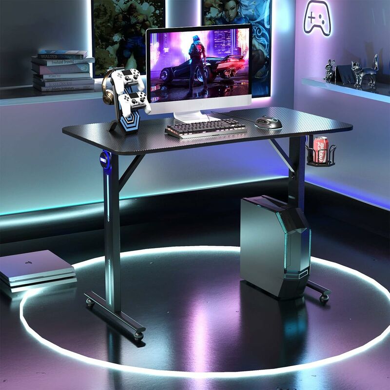 Costway - LED Gaming Tisch T-foermiger Computertisch PC Tisch Schreibtisch mit Controller-Staender und Getraenkehalter, schwarz